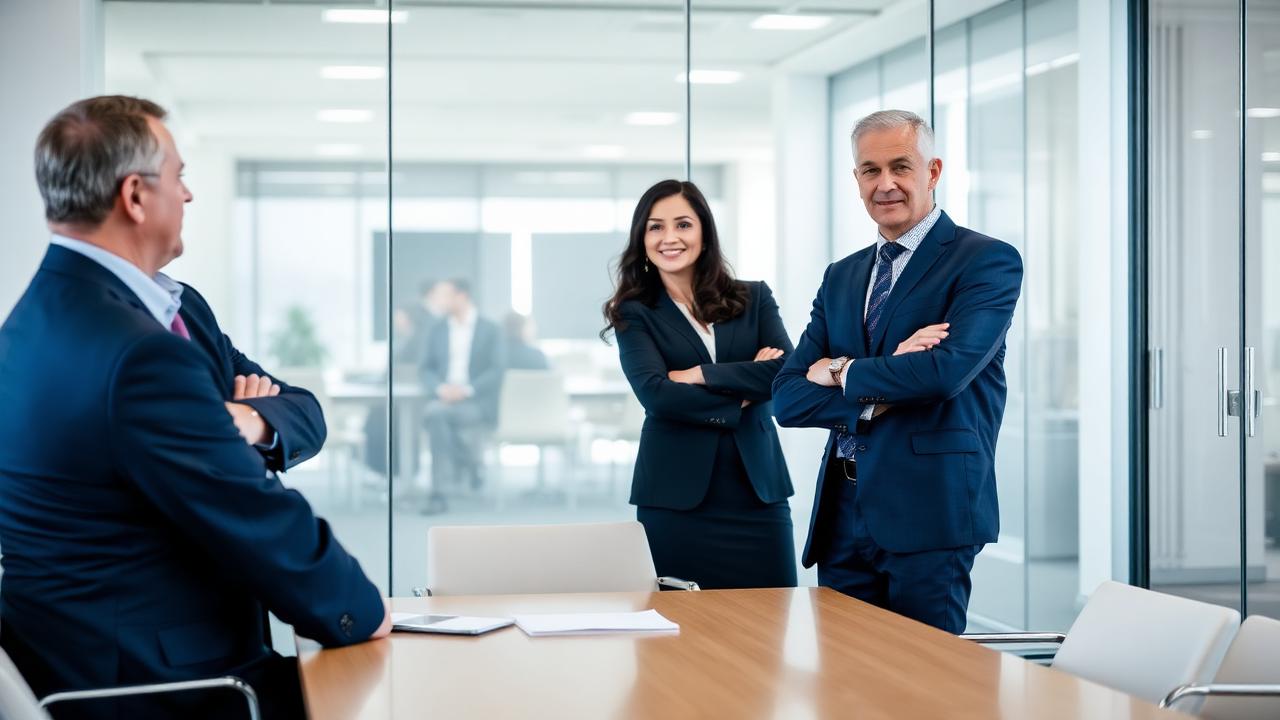 Equipe comercial em reunião, postura confiante, ambiente limpo e premium