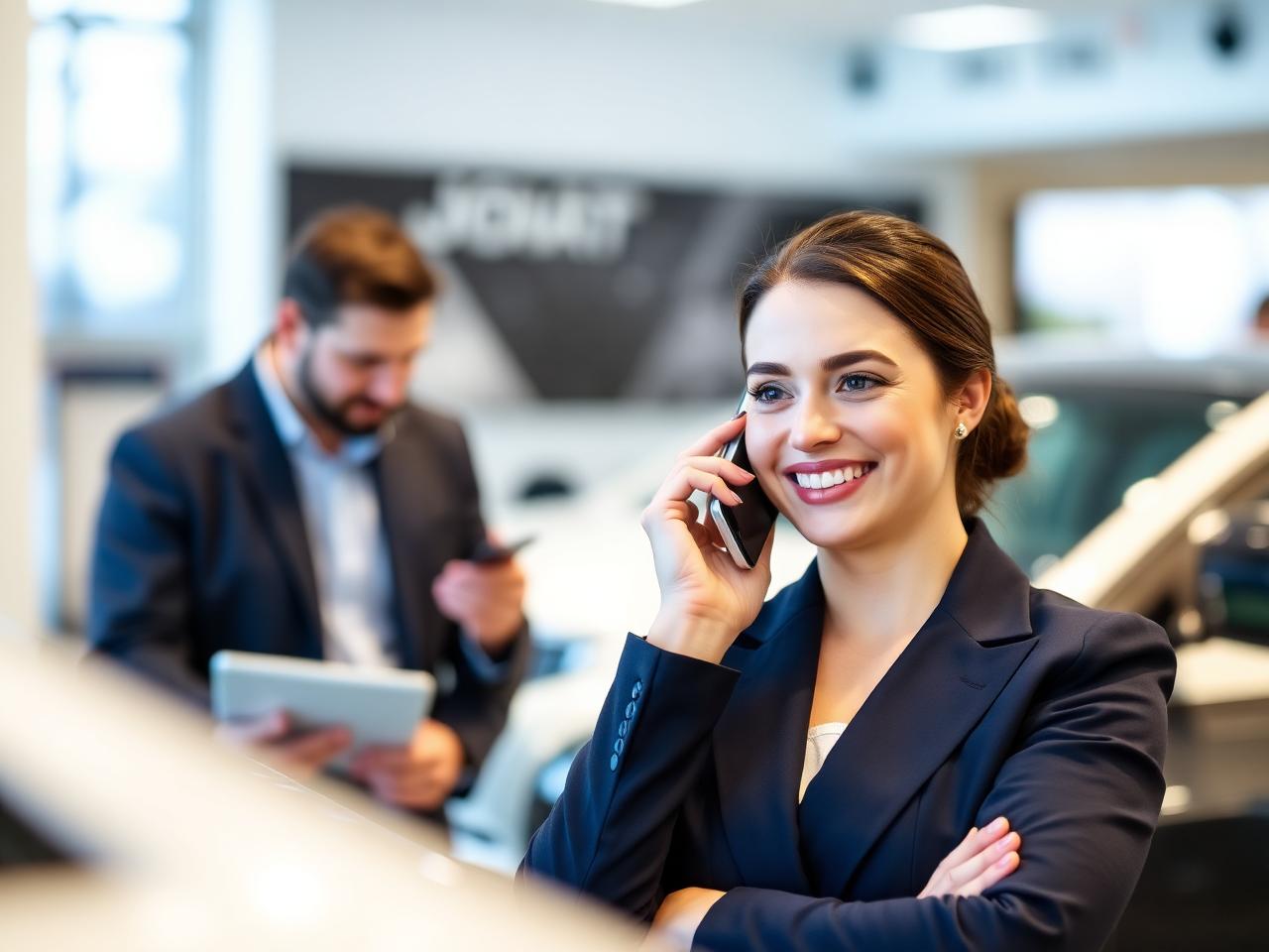 Consultora atendendo cliente pelo celular em ambiente corporativo moderno, com colega analisando tela ao fundo
