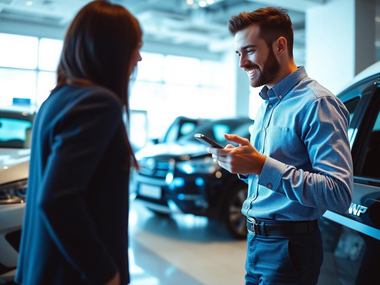 Vendedor recebendo lead organizado e conversando com cliente na loja