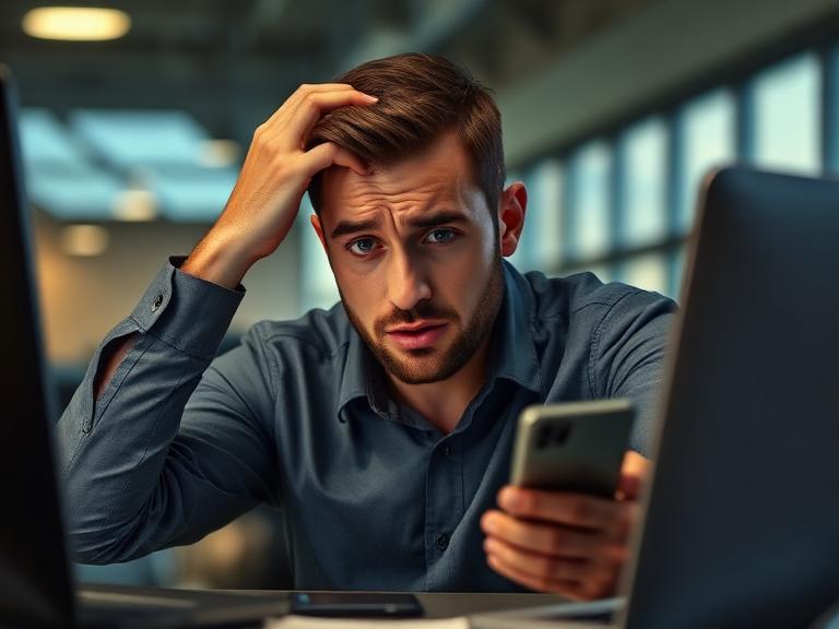 Vendedor sobrecarregado olhando mensagens no celular na revenda