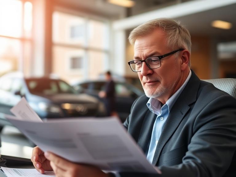 Gestor analisando relatórios impressos no escritório da revenda