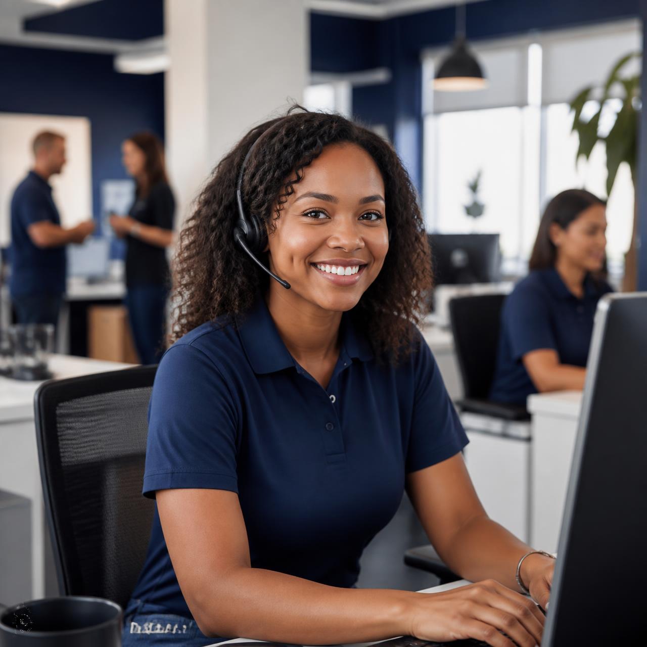 Consultora de atendimento SAAV sorrindo enquanto atende clientes, com a equipe ao fundo